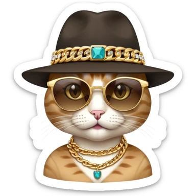 female cat close-up head and shoulders wearing Run DMC style, fedora, dark sunglasses, gold chains, bling sticker