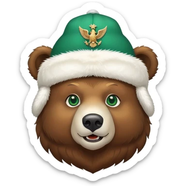 Cheerful brown bear head with emerald green eyes wearing white winter ushanka hat with double-headed eagle symbol centered, Russian themed sticker