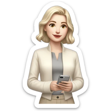 pale skin woman with ash blonde Straightened bob Hair, White Spacious classical jacket, beige palazzo Arrow pants and gray blouse holding white IPhone 15 pro in the hands sticker