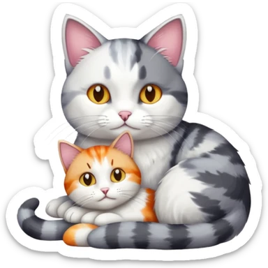 grey and white cat cuddling a colourful light patched calico + white tabby cat sticker