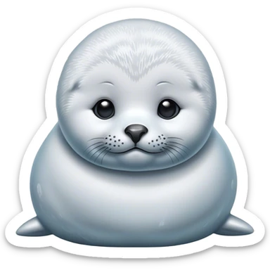 Cinematic Noble Baby Seal Portrait Emoji, Poised and endearing, with a round, plump body of soft, glistening fur, large, soulful eyes and a delicate, slightly rounded head accented by chubby cheeks, Simplified yet sharp and sophisticated features, highly detailed, glowing with a gentle, polar mist glow, high shine, intelligent and watchful, stylized with an air of arctic charm, focused and gentle, soft glowing outline, capturing the essence of a watchful and confident baby seal that appears ready to pop out of the screen with playful grace! sticker