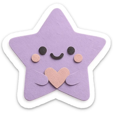 kawaii purple star holding a tiny pastel heart, no arms, no legs, full body, soft pastel kawaii paper craft style sticker
