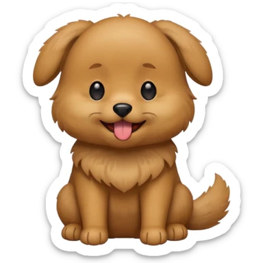 Cute small brown fluffy dog emoji icon. Round face, short muzzle, light brown fur with slightly darker ears, small black nose, happy smiling expression with tongue out. Soft friendly eyes, sitting pose with front paws together. Simple clean vector style, minimal details, kawaii style. sticker