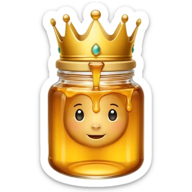 Honey jar filled with golden thick honey with a crown on top sticker