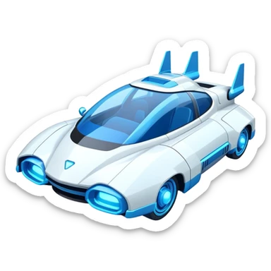 Futuristic retro hover car with angular design and glowing blue wheels, flat vector style, minimal color palette with blue highlights sticker