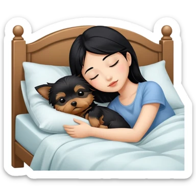 pretty asian girl with black hair sleeping in bed with small yorkshire terrier sticker