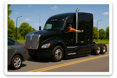 Zoom the scene out so the view is a little farther away, showing more of the road and both vehicles. Keep the black Kenworth W680 semi with chrome stack, angry bald driver in orange shirt and baseball cap, arm out the window, following a car. Scene should remain bright and vibrant. sticker