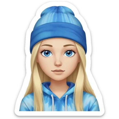 White woman with long blonde straight hair and blue eyes with long eyelashes and tiedye hoodieand a blaclk beanie sticker