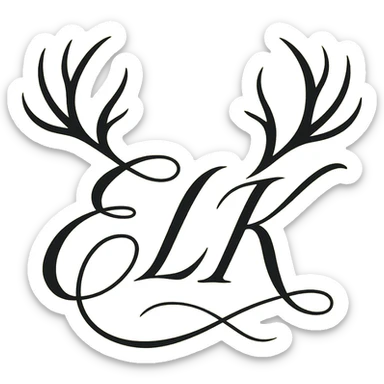 ELK written in elegant script, with elk antlers growing from the tops of the letters, sophisticated and stylish. sticker