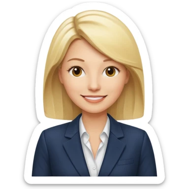 blonde businesswoman in her thirties, wearing a blazer, CEO sticker