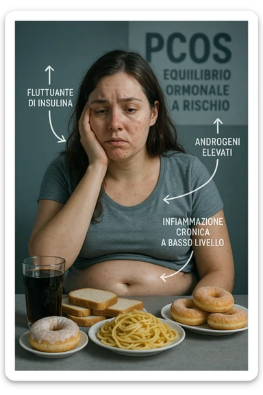 Donna tra i 25 e i 35 anni, seduta a tavola con un’espressione stanca e gonfia. Sul tavolo ci sono alimenti sbagliati per la sua condizione: dolci raffinati, pane bianco, pasta, bibite zuccherate. Intorno al suo corpo si vedono elementi simbolici che rappresentano gli effetti della PCOS peggiorata: insulina fluttuante, androgeni elevati, infiammazione bassa cronica. La sua pelle appare acneica, gonfiore addominale visibile, sguardo affaticato. Sullo sfondo, un cartello sfocato con scritto 'PCOS – equilibrio ormonale a rischio'. Stile realistico con elementi simbolici, toni freddi ma chiari sticker