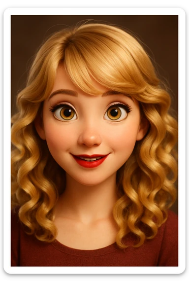 Redraw this character in a 3D Disney Pixar animation style with realistic lighting, soft textures, and expressive features. Keep the blonde curly hair, golden eyes, and red lips. Make it look like a Disney Pixar character. sticker