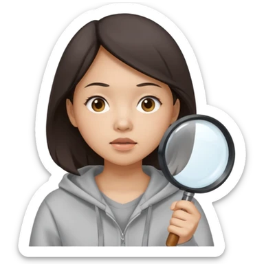 A brunette asian woman wearing hoodie holding a large magnifying glass and squinting at something to intently sticker