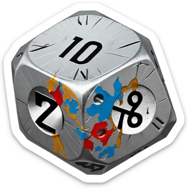a 20-sided die (d20) with a blunt weapon sticker
