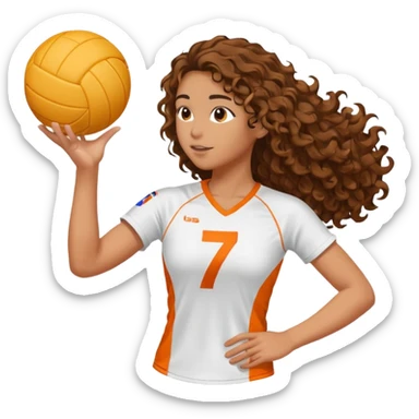 a volleyball player in profile playing (white, brunette with long curly hair) (with a pink outfit with the number 7) and a ball with white and orange stripes sticker