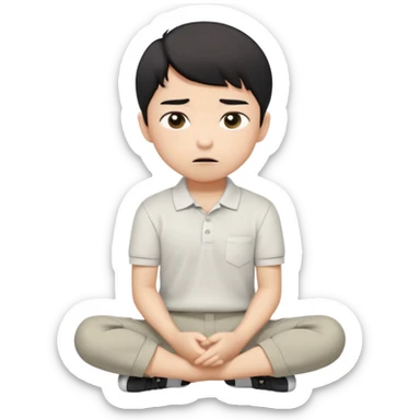 A cartoon young Asian boy with short black hair, light beige skin, and large expressive eyes, wearing a white polo shirt, gray pants, and black shoes. He sits cross-legged on the ground, one fist resting on his cheek, with a closed-mouth smirk. Clean lines, flat colors, solid black background. sticker