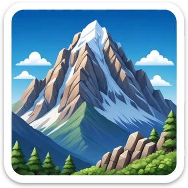 Cinematic Realistic Mountain Emoji, Majestic and towering, with craggy, snow-capped peaks rising sharply against a deep blue sky. The rugged terrain is dotted with rocky outcrops and patches of greenery, with clouds swirling around the higher reaches. Soft glowing outline, capturing the essence of ancient strength and natural beauty in a towering mountain! sticker