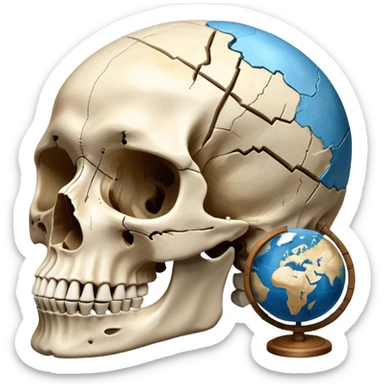 An icon featuring a human skull and fossilized bones, symbolizing the study of anthropology. The design includes archaeological tools like a pickaxe and brush, with a background of ancient artifacts and a globe. Transparent background emphasizes the exploration of human history and evolution. sticker