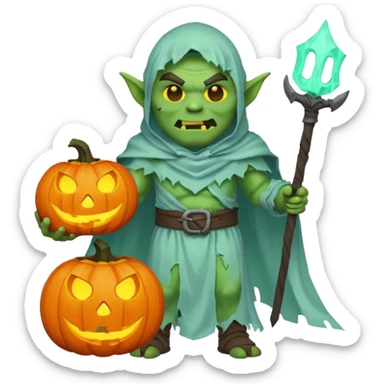 male orc warrior ghost emoji, green skin, wearing torn white ghost sheet costume, holding glowing jack-o'-lantern, faint blue aura, friendly but spooky expression, Halloween fantasy theme, Apple emoji style, clean white background, square sticker