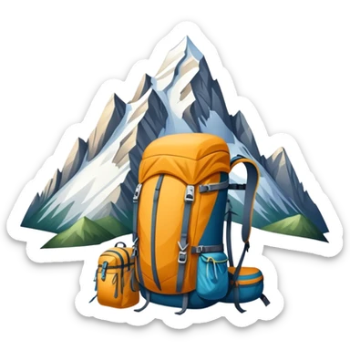 Icon for Mountain Tourism and Climbing: a mountain peak in the background, climbing gear and backpack. The icon should capture the adventure and challenge of alpine exploration. Transparent background. sticker