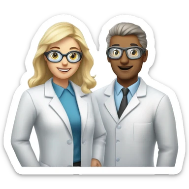 3 chemistry teachers in lab coats and goggles. two ladies and one man... everyone looking serius  sticker