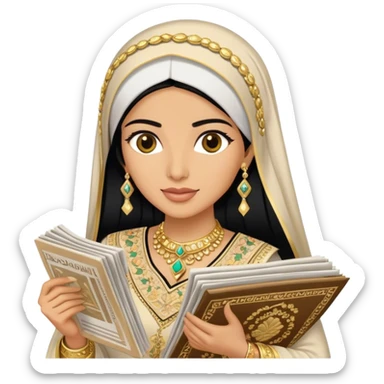 a khaleeji woman dressed in a traditional embroidered outfit,  black hair and a lot of gold accessories holding newspapers  sticker
