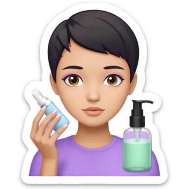 tan girl with pastel purple shirt with black hair & a pixie, doing her skin care sticker