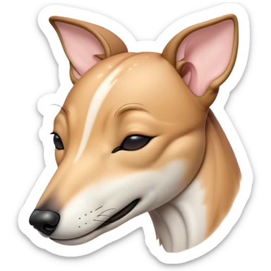 Meme-Worthy Cute Sleeping Fawn Greyhound Portrait Emoji, Head resting peacefully with a contented smile, showcasing a slender build and a luxuriously smooth fawn Fur, eyes shut in a serene nap, Simplified yet hilariously adorable features, highly detailed, glowing with a soft, drowsy light, high shine, relaxed and utterly lovable, stylized with an air of playful laziness, bright and heartwarming, soft glowing outline, capturing the essence of a comically sleepy racer, so meme-worthy it feels like it could instantly become the next viral sensation of adorable slumber! sticker