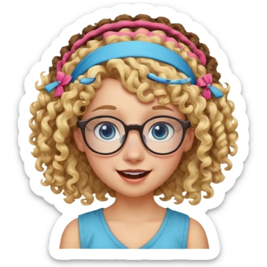 blond kid with unique face features and very curly hair kid girl happy and big glasess and big nose and very blue eyes and headband with freckles sticker