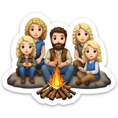 Bonfire at a river with 4 people, person one is a native from BC with a beard, person two is a white male with curly hair, person 3 is a while female with dark brown hair, person 4 is a white female with blonde hair sticker