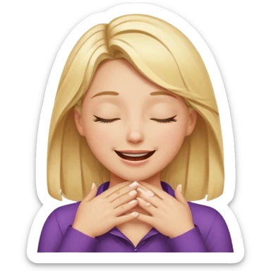 Happy blonde girl with eyes closed and mouth smiling and hands cupped around her neck - her eyes are squinty with excitment sticker