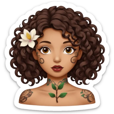 Alternative girl with curly dark brown hair and a magnolia throat tattoo sticker