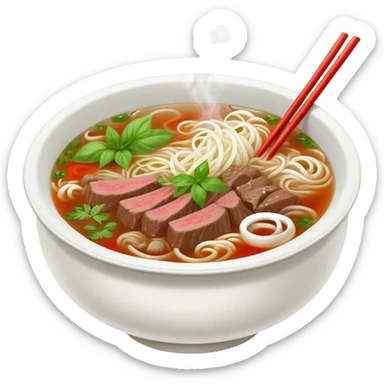 Cinematic Realistic Pho Dish Emoji, depicted as a steaming bowl of aromatic beef noodle soup with herbs rendered with lifelike textures and vibrant, warm lighting. sticker