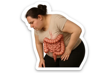 DONNA LEGGERMENTE SOVRAPPESO PIEGATA IN AVANTI CON INTESTINO ANATOMICO IN EVIDENZA, MAL DI PANCIA iperrealistico 4k sticker