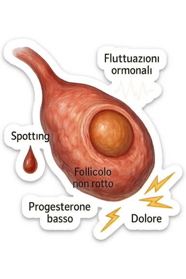 realistic and cinematic illustration of an ovary with an unruptured follicle, low progesterone, hormonal fluctuations, symptoms of spotting, pain and swelling, clinical details, captions in Italian sticker