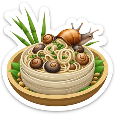 Liuzhou Snail Rice Noodles with river snails and sour bamboo, simplified emoji style with bold outlines and bright colors, cartoon style Guangxi Luosifen sticker