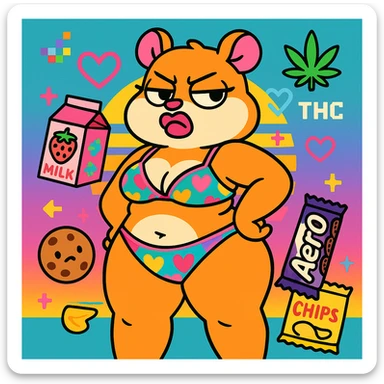 Vibrant, square Discord server icon featuring a thick tan anthro cute hamster girl with big thighs, chubby tummy, pouty lips, and a bratty attitude. She wears a playful, colorful bikini and stands in front of a colorful, vaporwave-inspired backdrop. Surround her with cute nostalgic snacks. Include playful elements such as fruitger aero aesthetic, webcore pixels, neon hearts, weed leaf, and a subtle 'THC' logo in the background. The overall style is playful, bratty, chaotic but polished, perfect for a Discord icon and appropriate for all audiences. sticker