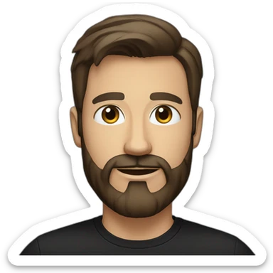 White man with a sun kissed tan, blue eyes and dark brown hair, styled sideways backwards. He has a beard and mustache trimmed. Wears s black t-shirt. sticker