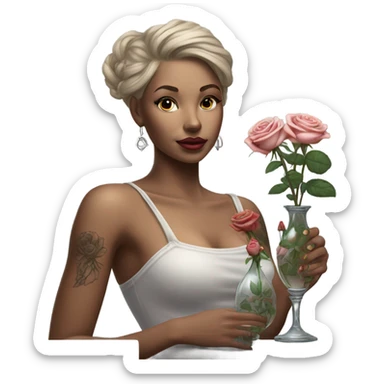 Hyper Realistic beautiful woman model with a small rose tattoo arranging flowers in a vase sticker