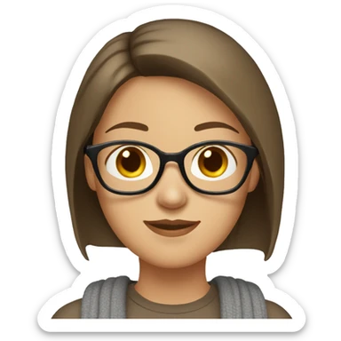 a girl with short and straight brown hair and white skin wearing glasses and wearing a brown t-shirt covered with a gray cardigan sticker