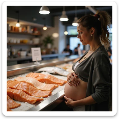 realistic pregnant woman in 4K observing the fish counter with the sign in the foreground that says: 'Attention, consuming raw salmon may pose risks during pregnancy' sticker