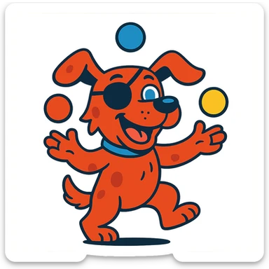 dog with red fur, blue eyes, wearing an eye patch, juggling balls, playful expression, vibrant cartoon style sticker