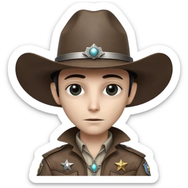 Close-up portrait of a classic grey alien cowboy, large black eyes, smooth pale skin, wearing a worn leather cowboy hat and futuristic sheriff badge, dramatic side lighting, shallow depth of field, ultra detailed skin texture, cinematic western sci-fi style
 sticker