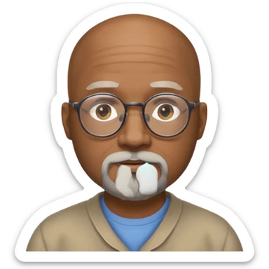 African american male, bald, gray beard. Round face, glasses sticker