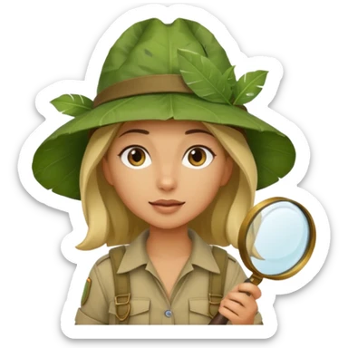 a young female explorer with jungle wearing a large leaf headgear bye and magnificer glass sticker