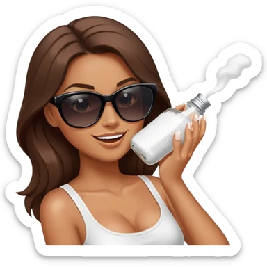 sassy woman with long brown hair, tan skin, and dark sunglasses holding a salt shaker filled with white table salt. She is shaking and sprinkling the salt. She is smirking.  sticker