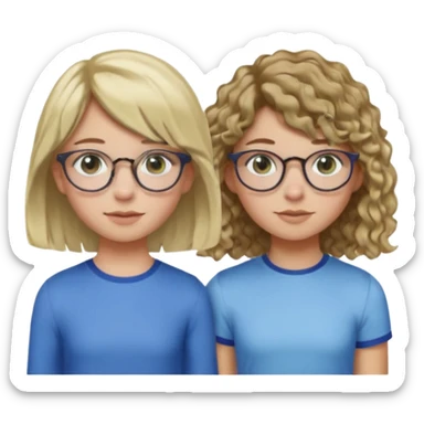 Two girls
Girl number 1: has fair skin, glasses, brown eyes, brown straight hair with a blonde undercut
Girl number 2: has light skin, blue green eyes, freckles, a silver hoop nose piercing on the right of her nostril, brown curly/wavy hair, and curtain bangs sticker