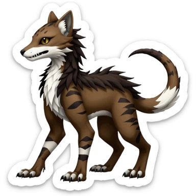 Brown and black and white fantasy feline-vernid-sergal-protogen-primagen-fursona animal creature with a tufted tail full body with intricate markings  sticker