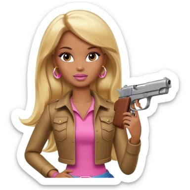 Brown skin blonde hair barbie with gun sticker