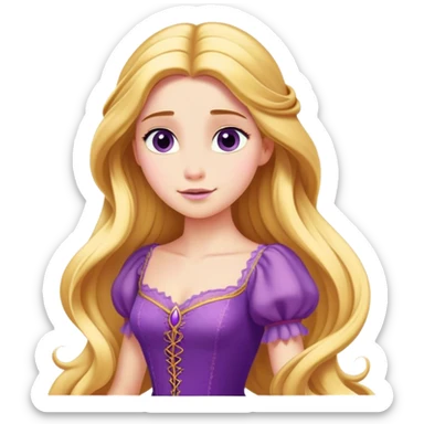 Cinematic Majestic Rapunzel Portrait Emoji, rendered in a clean, vector-style with bold, simplified shapes. Show Rapunzel with a serene, graceful expression, luminous fair skin, and elegantly styled long golden hair, accented by her classic purple gown. The design radiates a majestic, dreamlike glow with high shine and a soft glowing outline, embodying regal beauty. sticker